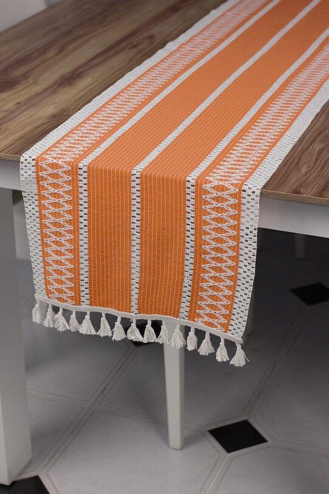 Örme Turuncu Runner , Püsküllü Organik Pamuk Dantel Örme Runner 35x155 Cm Regina Runner Masa ÖrtüsüSamimi bir yemek, aile içinde hoş bir akşam masanıza uyacak masa örtüleri ve runner'lar