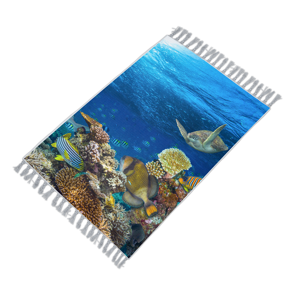 Tropikhome Akvaryum Desenli 50x80 Dijital Baskılı Püsküllü Polyester Kaymaz Tabanlı Banyo Paspası