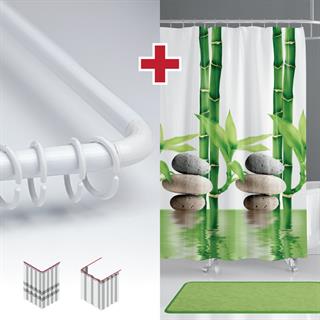 Bamboo Desen Banyo Perdesi Askı Hediyeli 180x200cm Tek Kanat Yeşil Duş Perdesi, L Boru Hediyeli