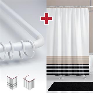 Çizgili Desen Banyo Perdesi Askı Hediyeli 180x200cm Tek Kanat Beyaz Duş Perdesi, L Boru Hediyeli