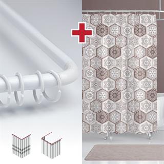 Etnik Desen Banyo Perdesi Askı Hediyeli 180x200cm Tek Kanat Kahverengi Duş Perdesi, L Boru Hediyeli