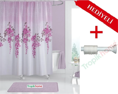 Fuşya Banyo Perdesi 180x200cm  Askı Hediyeli Banyo Duş Perdesi, Pembe Renk Sümbül Banyo Perdesi