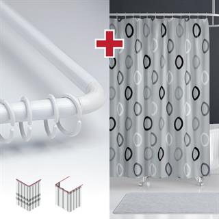 Geometrik Gri Desen Banyo Perdesi Askı Hediyeli 180x200cm Tek Kanat Duş Perdesi, L Boru Hediyeli