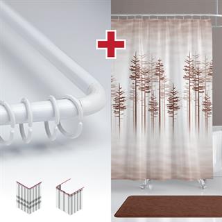 Kahverengi Ağaç Desen Banyo Perdesi Askı Hediyeli 180x200cm Tek Kanat Duş Perdesi, L Boru Hediyeli