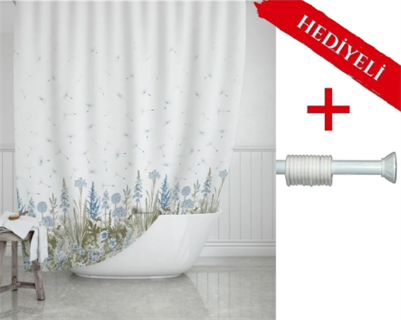 Kır Banyo Perdesi Askı Hediyeli 180x200cm Tek Kanat Duş Perdesi, Renkli Çiçekli Banyo Duş Perdesi