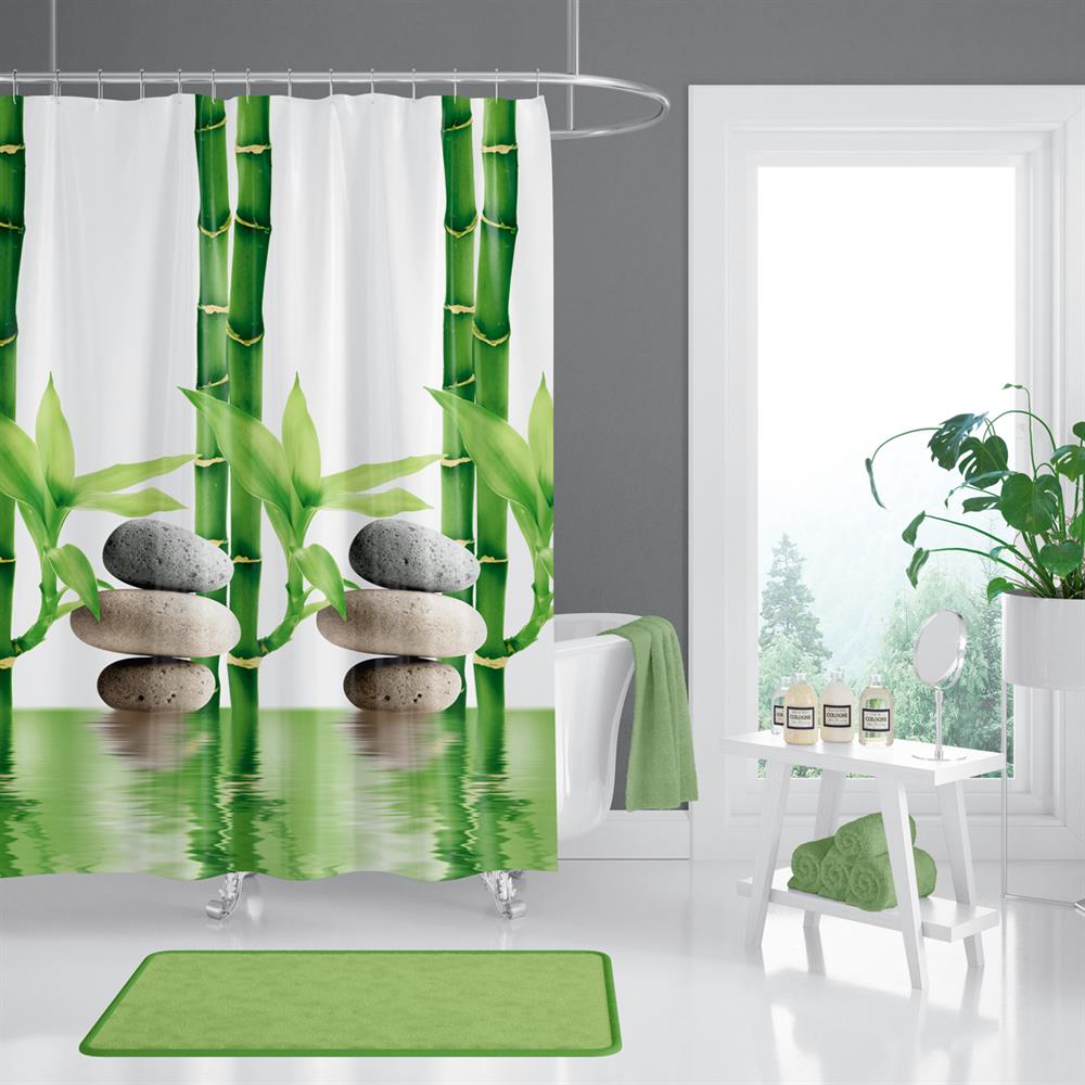 Banyo Perdesi Bamboo Desen Yerli Üretim Duş Perdesi Plastik C-Halka Hediye  180x200cm Banyo Perdeleri