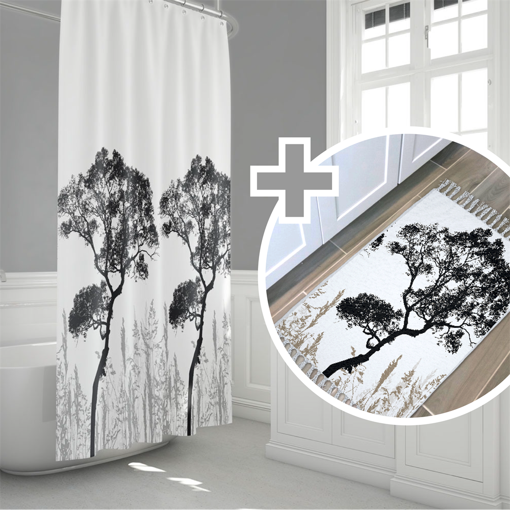 Ağaç Desen Banyo Perde+paspas Seti-kaymaz Taban Kapı Önü Paspas Seti-180x200 Cm Banyo Perdesi Seti Banyo-Paspas Seti