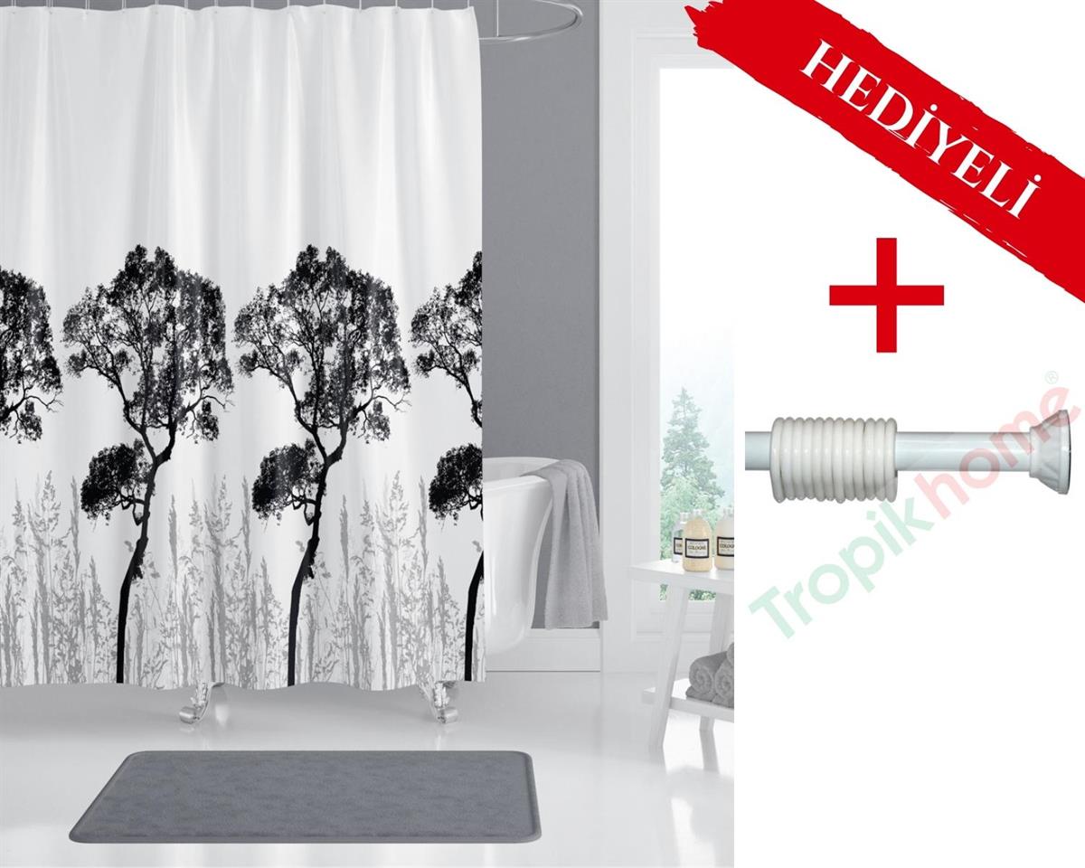 Ağaç Desen Banyo Perdesi 180x200cm  Askı Hediyeli Banyo Duş Perdesi, Renkli Banyo Perdesi