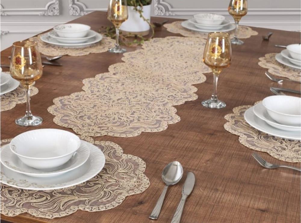 Amerikan Servis 12 Kişilik Supla ve Runner Set Bej Renk 13 Parça Set Masa ve Sunum Takımı Tropikhome