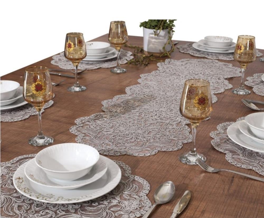 Amerikan Servis 12 Kişilik Supla ve Runner Set Gri Renk 13 Parça Set Masa ve Sunum Takımı Tropikhome