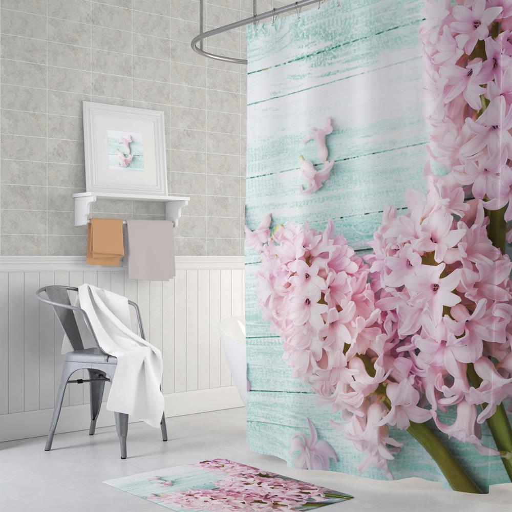 Banyo Duş Perdesi-Lila Çiçek Desen Banyo Perdesi, Tek Kanat Küvet Perdesi 180x200 cm Lüx Perde