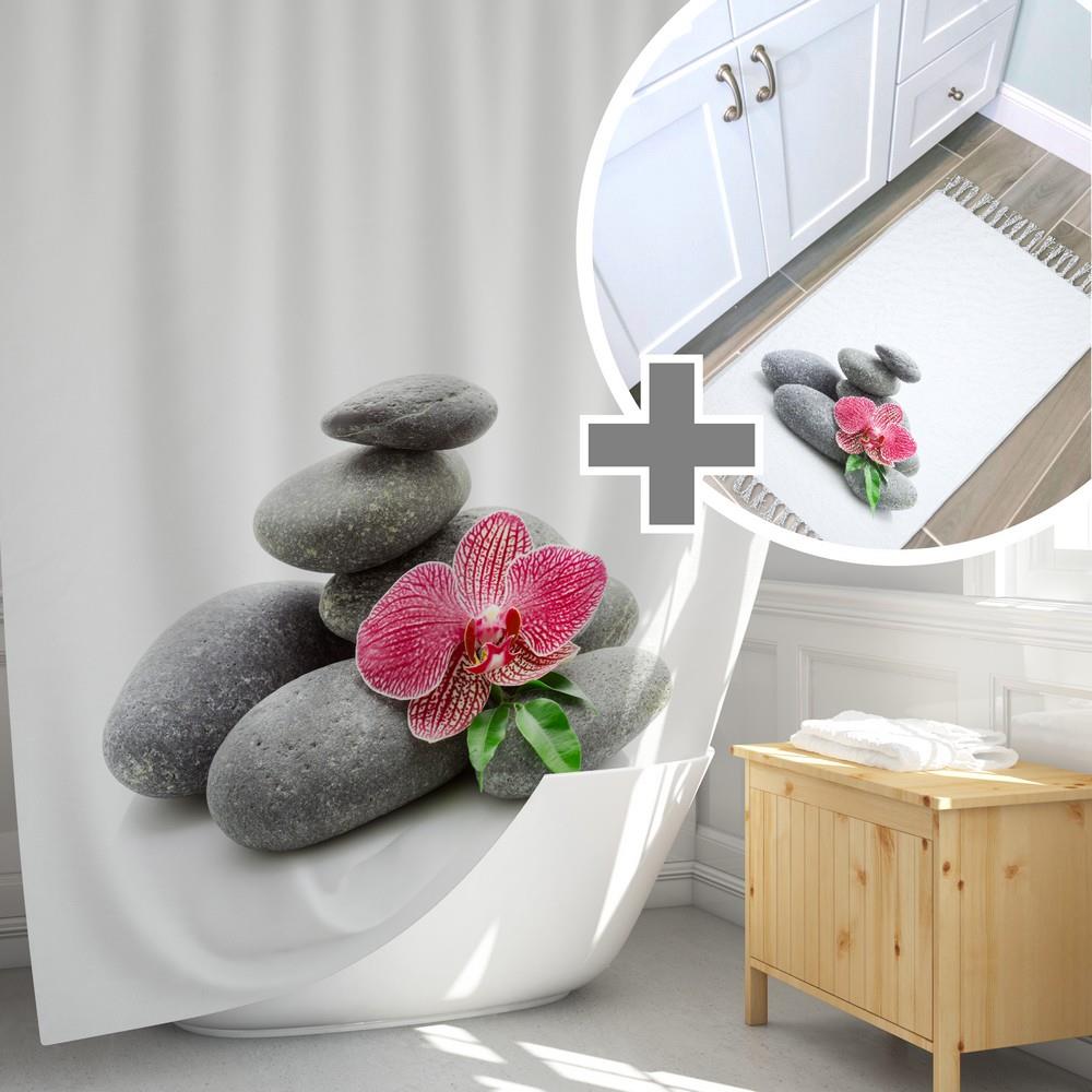 Banyo Paspas Seti, Taş Desen Banyo Perdesi Takımı, Yıkanabilir Paspas Ve Duş Perdesi Seti, C Halkalı