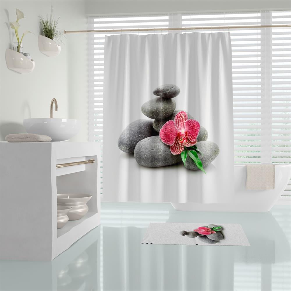 Banyo Perdesi Spa Taş Desen Duş Perdesi Baskılı Polyester Kumaş C Halkalı Banyo Perdeleri 180x200cm