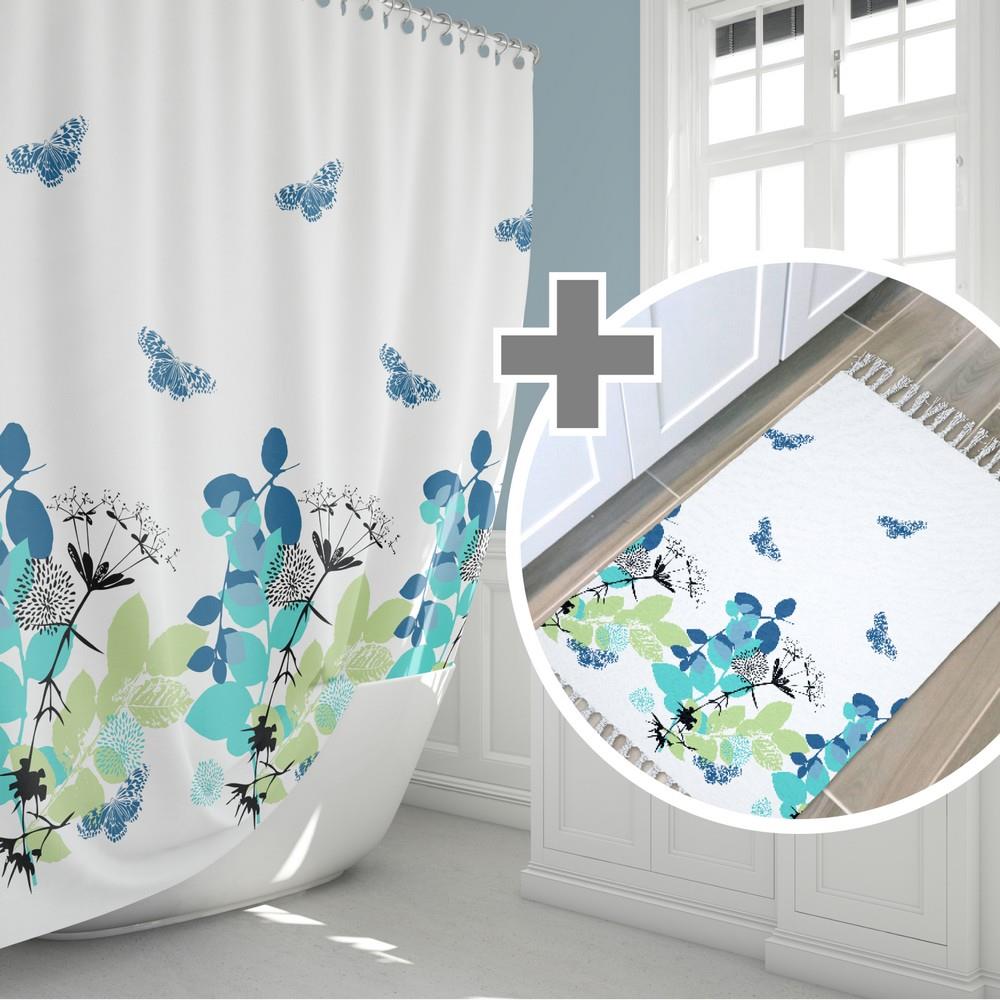 Banyo Perdesi ve Banyo Paspası Seti, Yeşil Çiçek Desen Duş Perdesi / Kadife Kapı Önü Paspası Seti, 180x200 Banyo Perdesi Seti Banyo-Paspas Seti Tropikhomepikhome