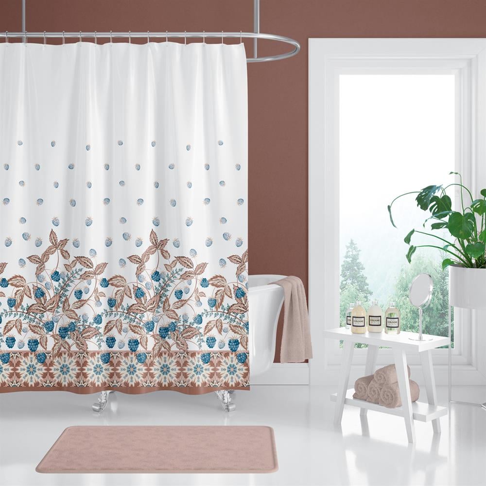 Böğürtlen Desen Banyo Perdesi-Lüx Küvet Perdesi, 180x200cm Tek Kanat Duş Perdesi