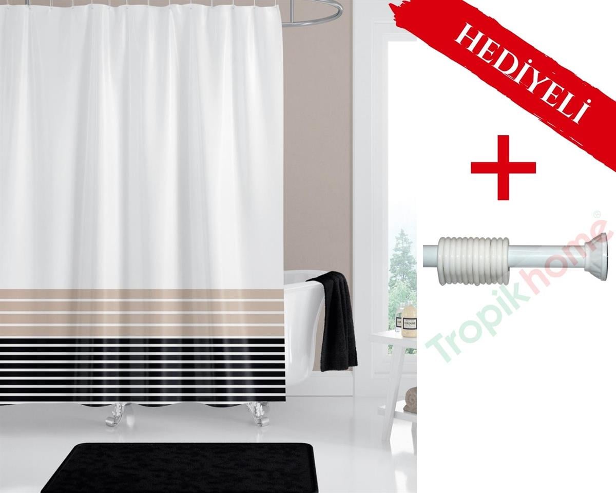 Çizgili Desen Banyo Perdesi Askı Hediyeli 180x200cm Tek Kanat Duş Perdesi, Renkli Banyo Duş Perdesi