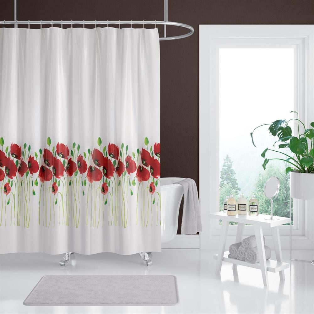 Gelincik Desen Kırmızı Banyo Perdesi-tek Kanat Duş Perdesi, 180x200 Cm C Halkalı Küvet Perdesi