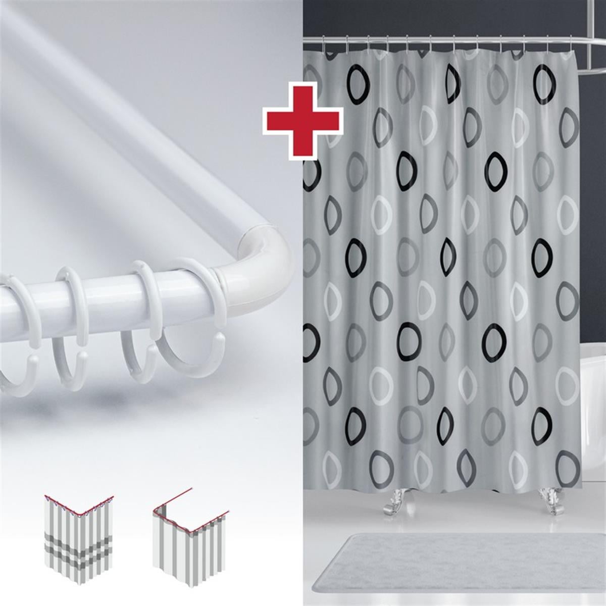 Geometrik Gri Desen Banyo Perdesi Askı Hediyeli 180x200cm Tek Kanat Duş Perdesi, L Boru Hediyeli