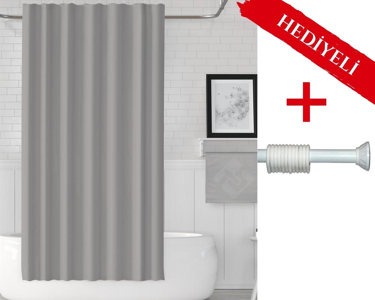Gri Banyo Perdesi Askı Hediyeli 180x200cm Tek Kanat Duş Perdesi, Renkli Banyo Duş Perdesi