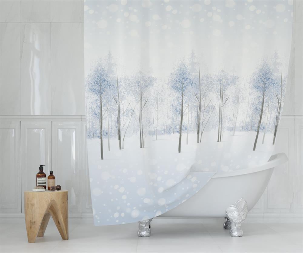 Kar Desenli Beyaz Ağaç Desen Banyo Duş Perdesi-Polyester Kumaş Tek Kanat Banyo Perdesi 180x200 cm