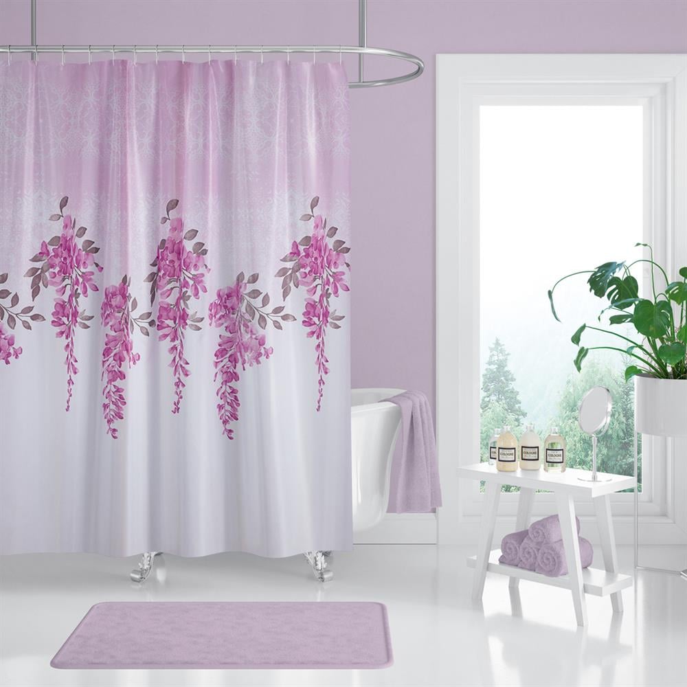 Küvet Perdesi Halkalı Banyo Perdesi Salkım Desenli 180x200cm Tek Kanat Banyo Duş Perdesi