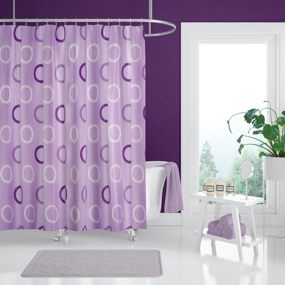 Lila Halka Desenli Banyo Perdesi 180x200 C Halka Hediyeli Duş Perdesi