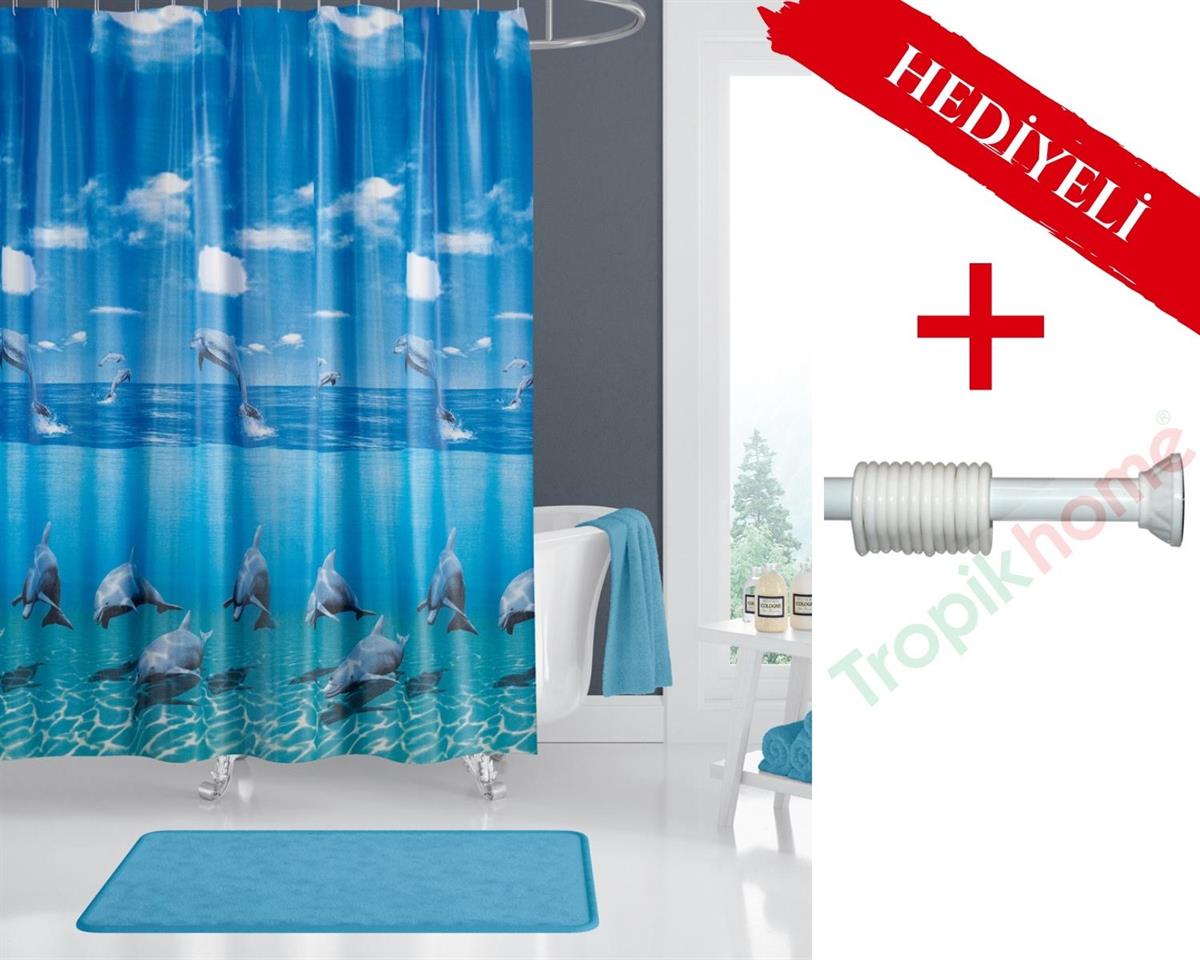 Mavi Yunus Desen Banyo Perdesi-Mavi Renk Duş Perdesi Askı Hediyeli C-Halkalı Polyester Banyo Perdesi