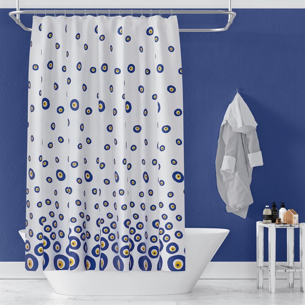 Nazar Boncuğu Banyo Perdesi, 180x200cm Duş Perdesi-Tek Kanat Banyo Duş Perdesi- C Halka