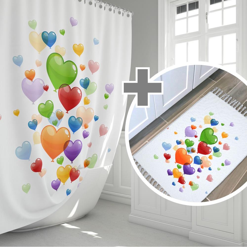 Renkli Balonlu Banyo Perde Seti-kaymaz Taban Banyo Paspası Ve Duş Perdesi Seti-kapı Önü Paspası Banyo-Paspas Seti