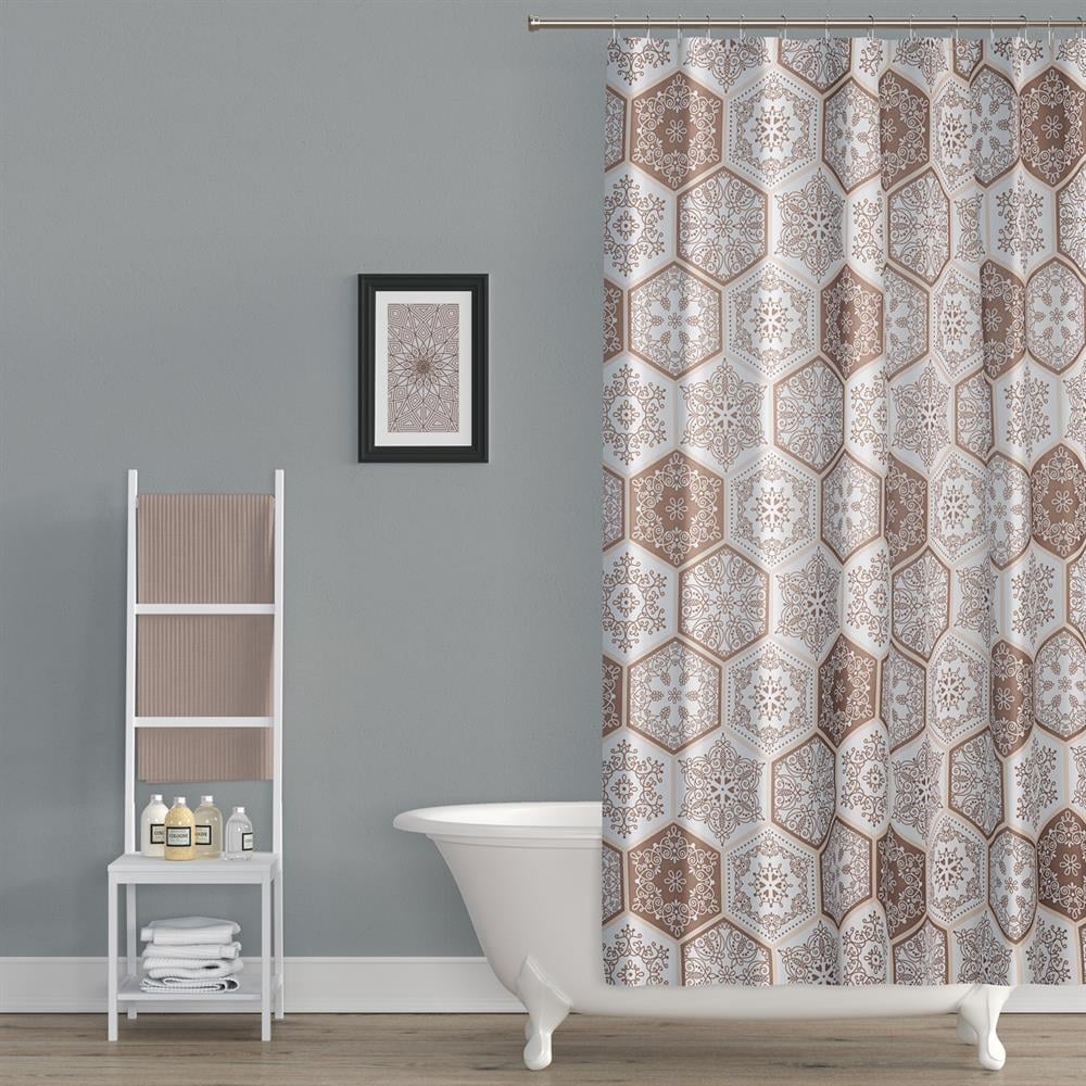 Su Geçirmez Banyo Perdesi Kahve Dantel Desen Duş Perde Yüksek Kalite Küvet Perdesi 180x200cm