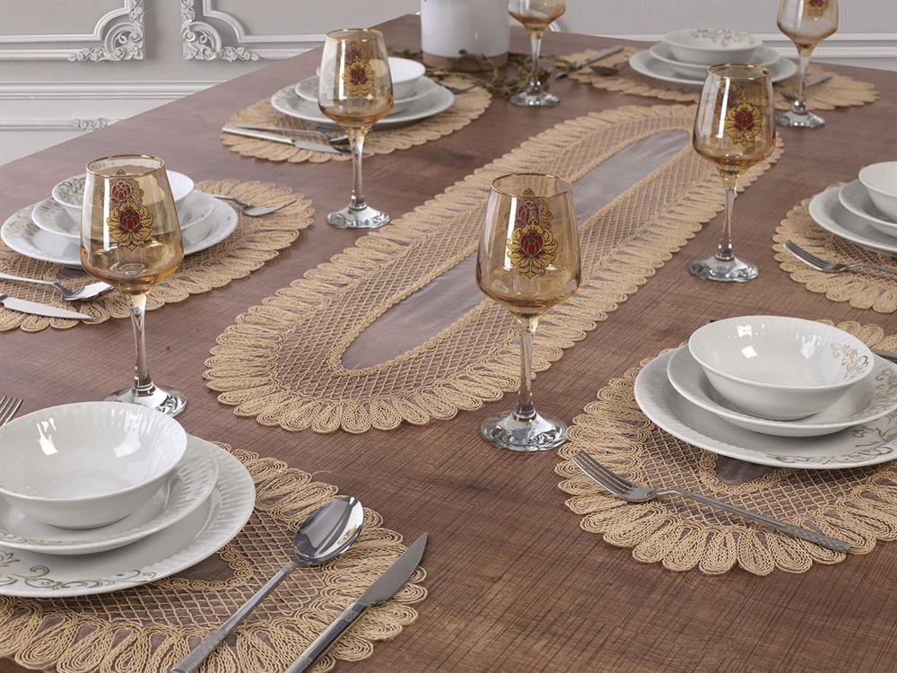 Supla Takımı Amerikan servis Supla ve Runner seti 12 Kişilik Nakışlı Masa Sunum Set