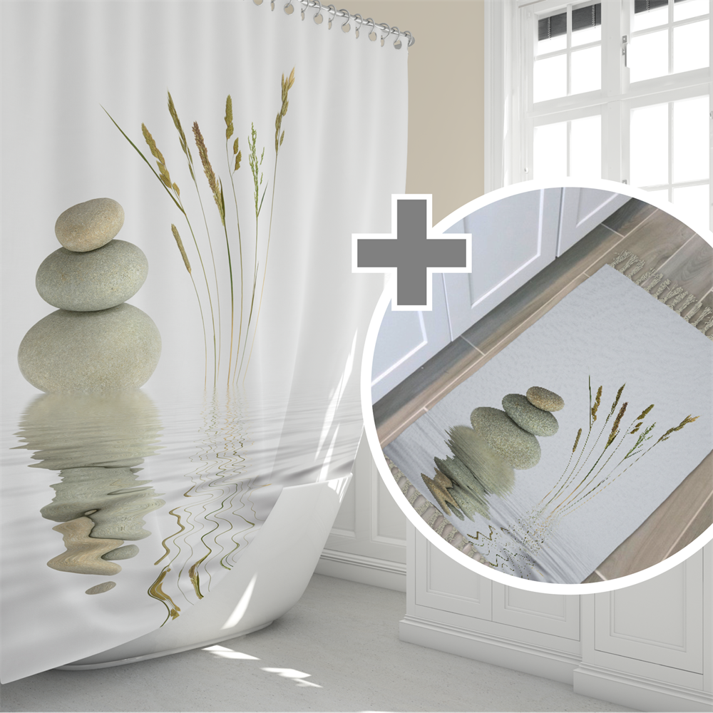 Taş Desen Banyo Perde Seti-50x80 Cm Kaymaz Taban Banyo Paspas Seti-Dijital Baskılı C Halkalı Perde Set