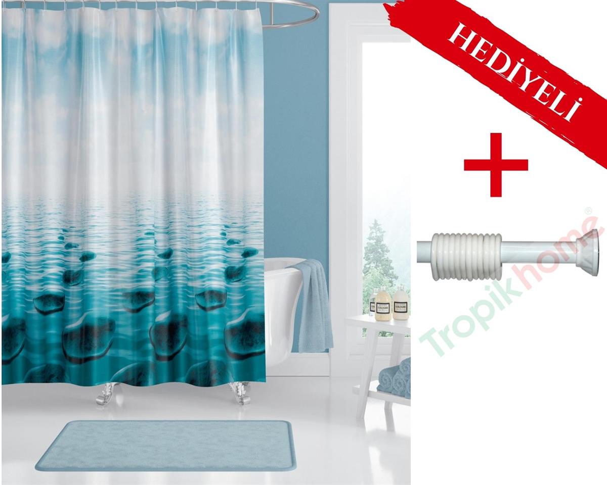 Taşlı Banyo Perdesi Askı Hediyeli 180x200cm Tek Kanat Duş Perdesi, Renkli Banyo Duş Perdesi