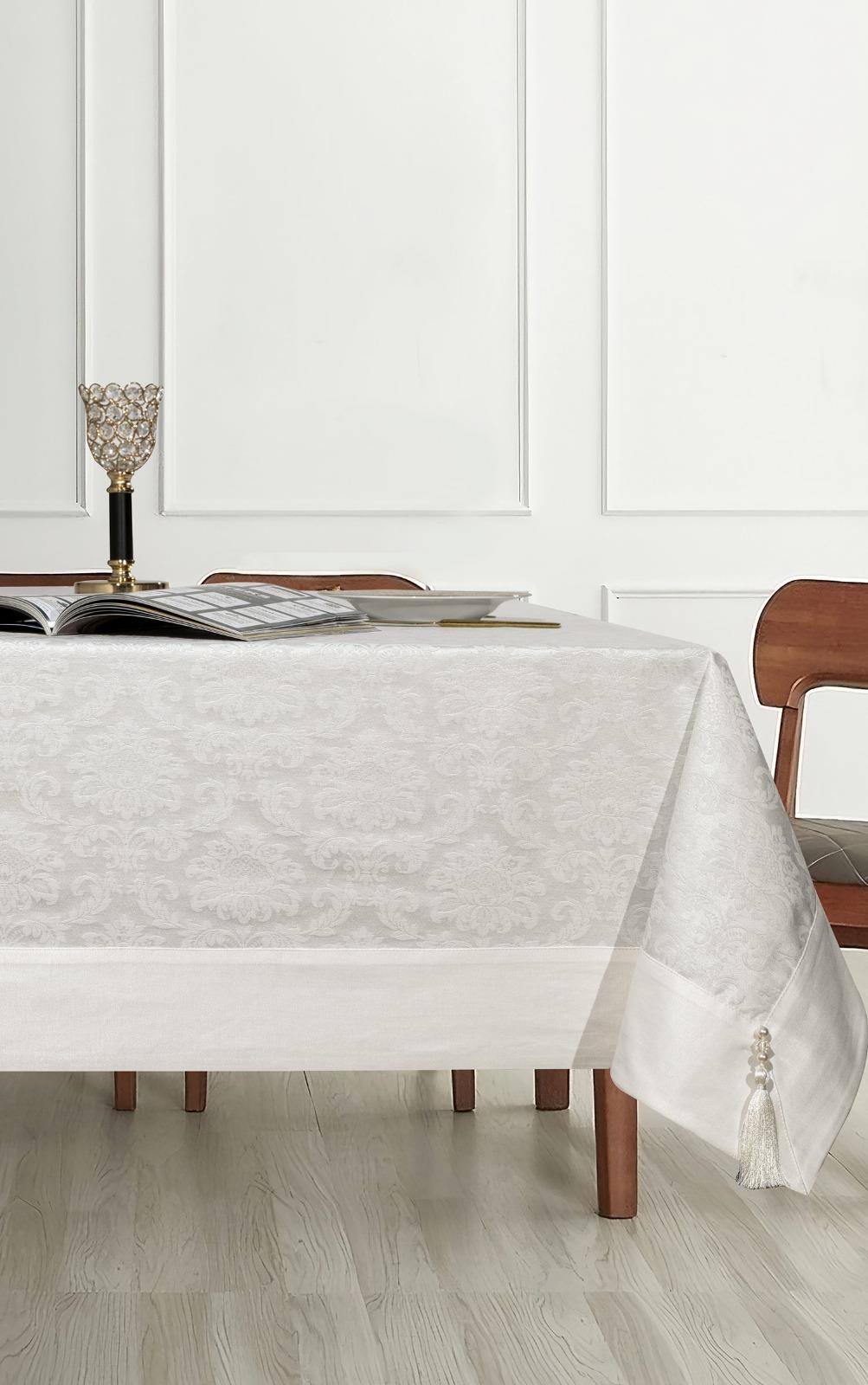 Polycotton Pamuklu Damask Desen Masa Örtüsü 160x220 cm KremUygun fiyatlı üreticiden toptan masa örtüsü runner setleri 