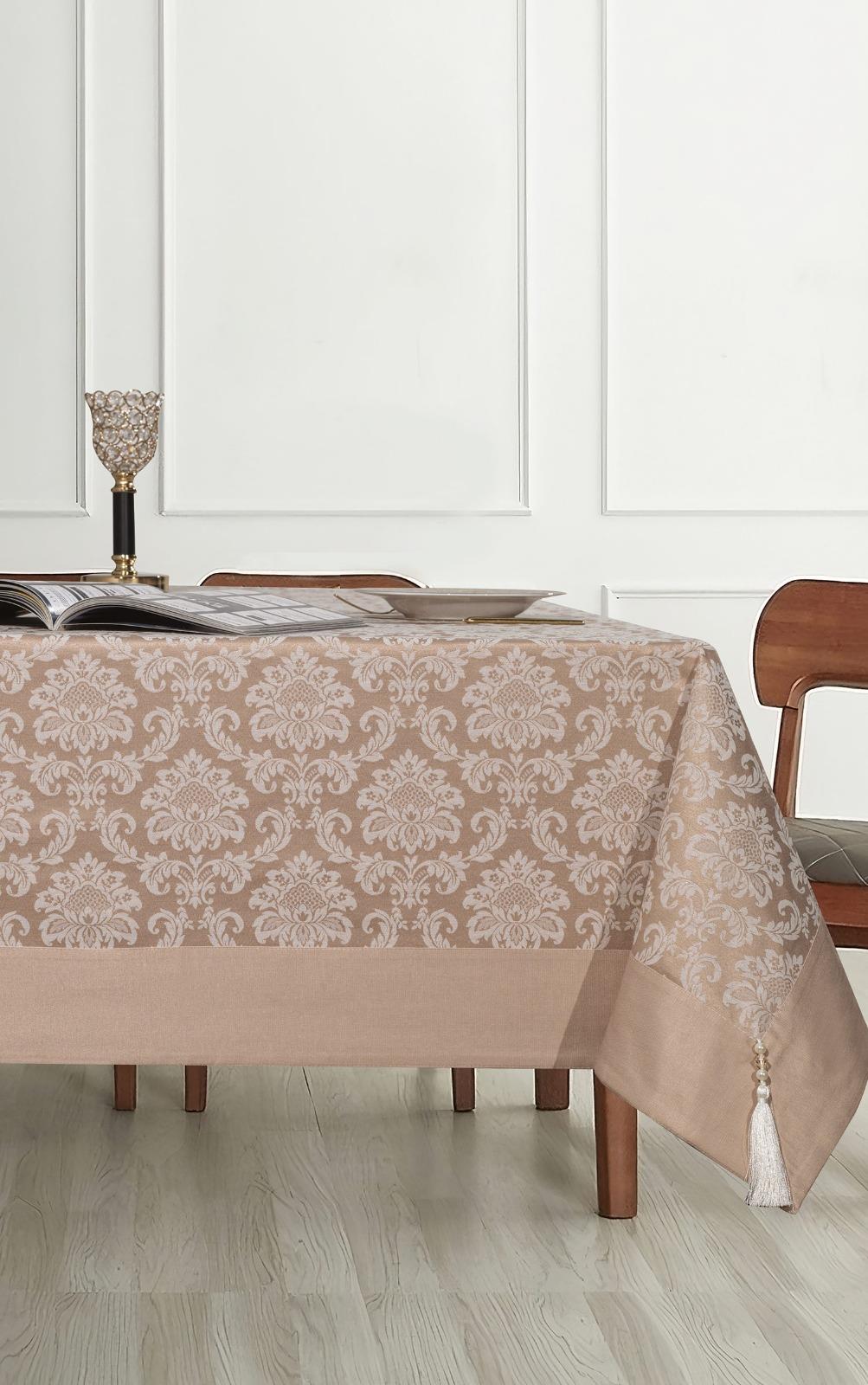 Polycotton Pamuklu Damask Desen Masa Örtüsü 160x220 cm BejUygun fiyatlı üreticiden toptan masa örtüsü runner setleri 