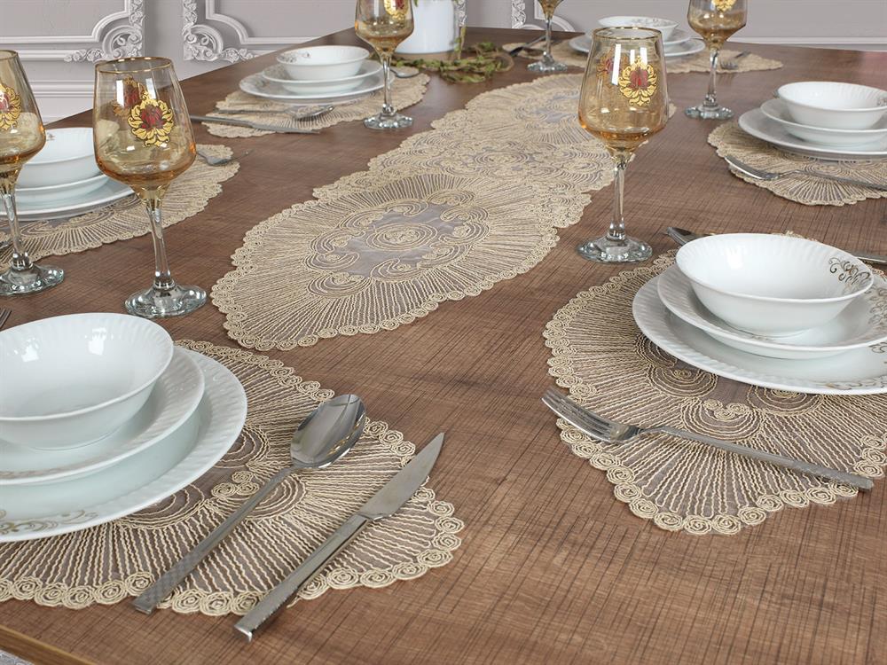 Tropikhome Amerikan Servis Supla Ve Runner Seti 6 Kişilik Set Venice Bej 7 Parça