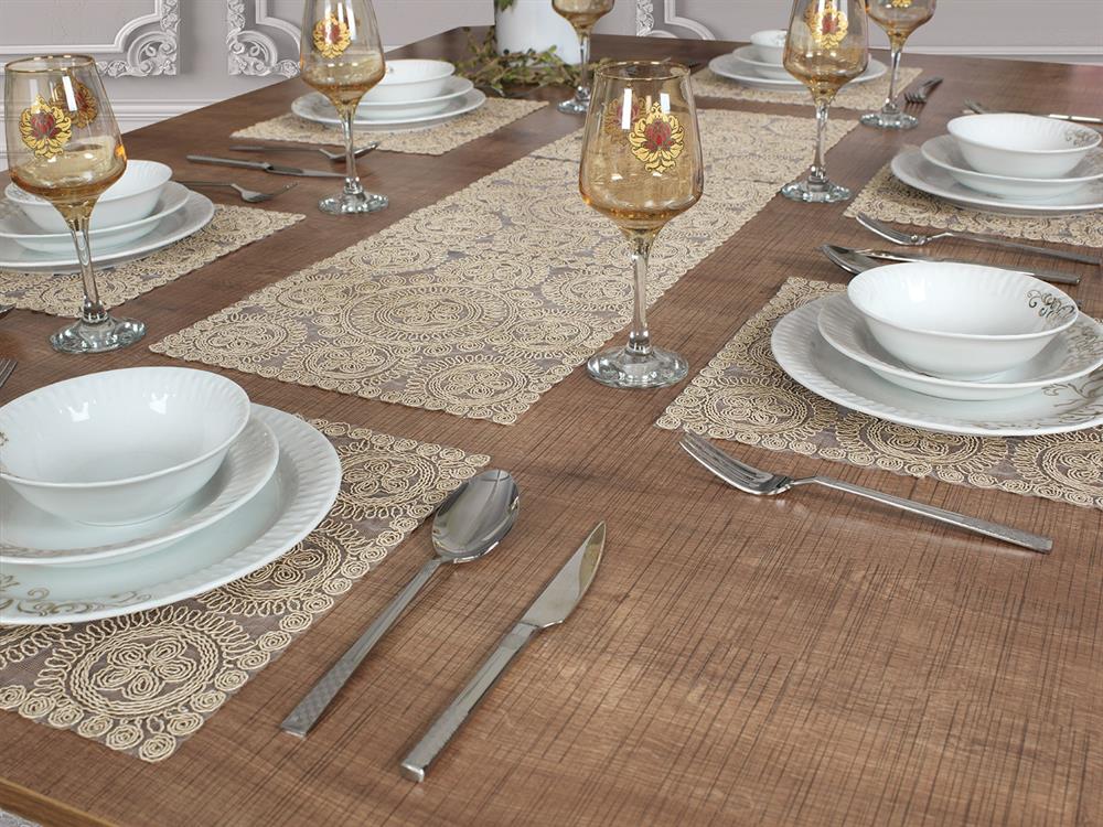 Tropikhome Amerikan Servis Supla Ve Runner Seti 6 Kişilik Set Victoria Bej 7 Parça