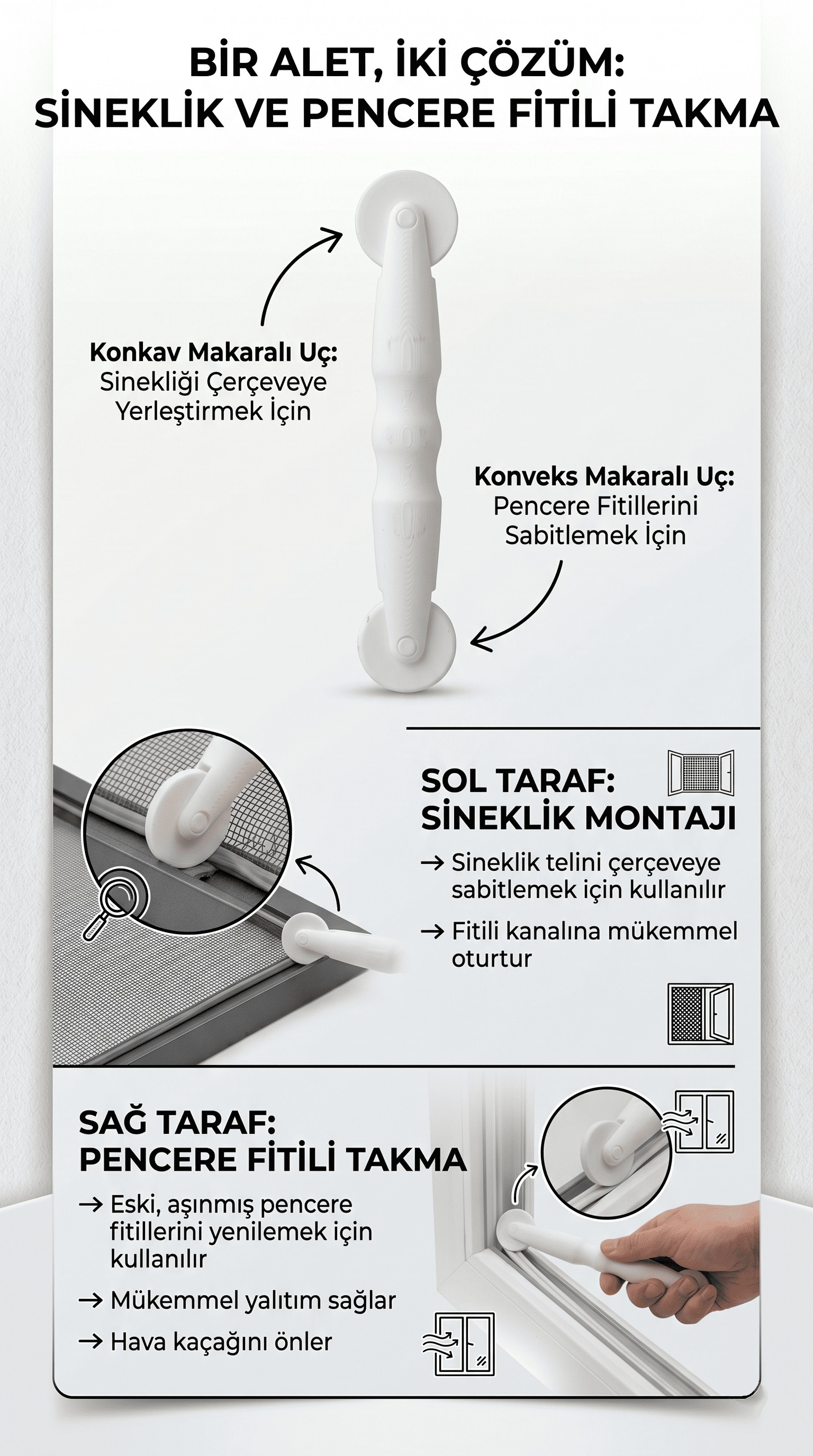 Profesyonel Pencere Fitili Ve Sineklik Montaj Makarası - Çift Başlıklı Ergonomik Fitil Takma Aparatı