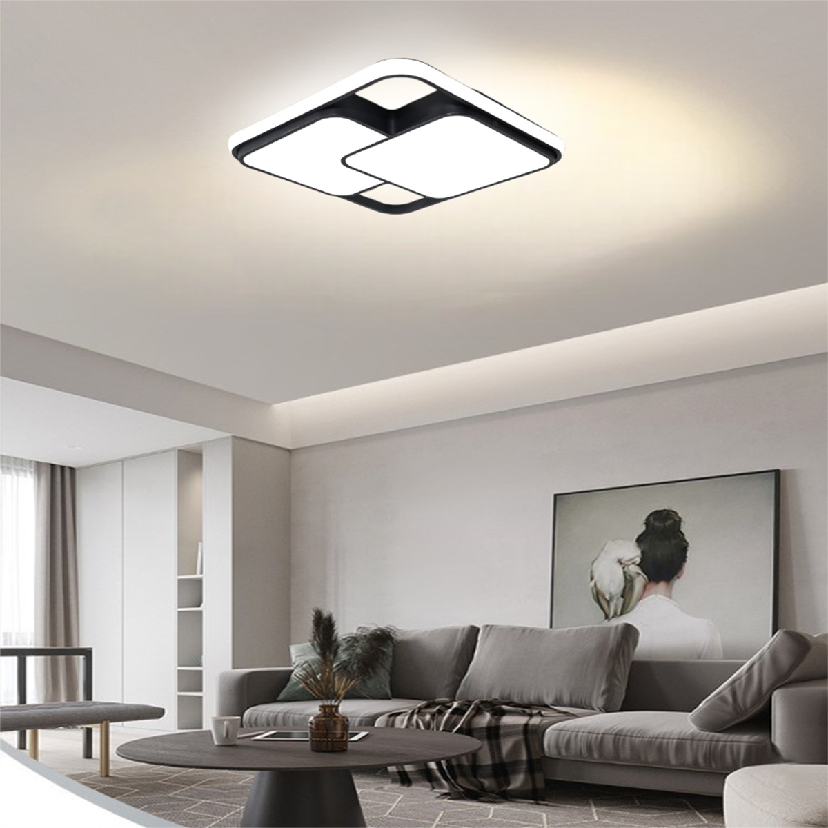 50X50CM SİYAH KARE İÇİ ÇİFT KARE LED TAVAN LAMBASI,AVİZE,MODERN AYDINLATMA,3 IŞIK RENGİ,KUMANDALI