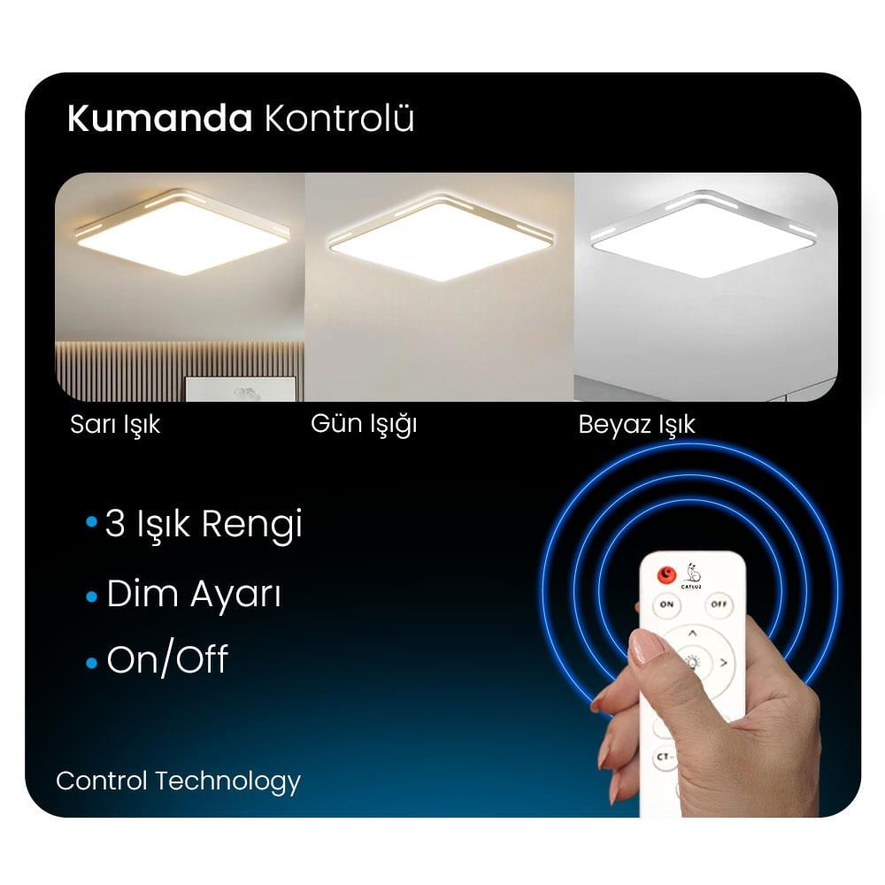 KUMANDALI LED AYDINLATMA BEYAZ ŞERİTLİ KARE  TAVAN LAMBASI,MODERN AVİZE