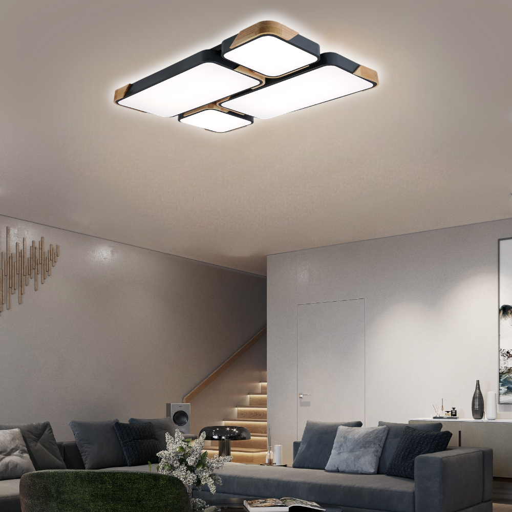 KUMANDALI LED AYDINLATMA DİKDÖRTGEN ANTRASİT AHŞAPLI LED TAVAN LAMBASI,MODERN AVİZE