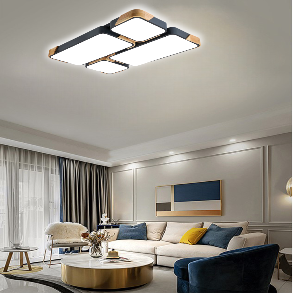 KUMANDALI LED AYDINLATMA DİKDÖRTGEN ANTRASİT AHŞAPLI LED TAVAN LAMBASI,MODERN AVİZE