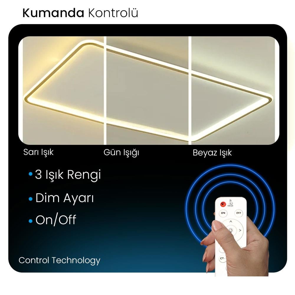 KUMANDALI LED AYDINLATMA DİKDÖRTGEN 3 IŞIK RENGİ MODERN TAVAN LAMBASI
