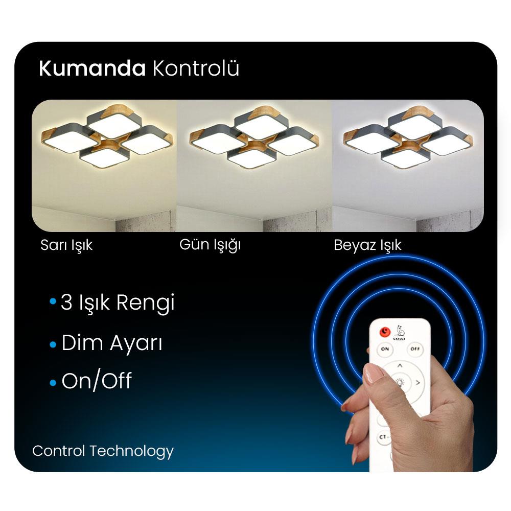 KUMANDALI LED AYDINLATMA KARE ANTRASİT AHŞAPLI LED TAVAN LAMBASI,MODERN AVİZE