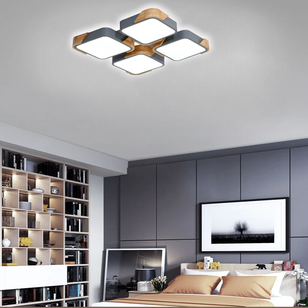 KUMANDALI LED AYDINLATMA KARE ANTRASİT AHŞAPLI LED TAVAN LAMBASI,MODERN AVİZE
