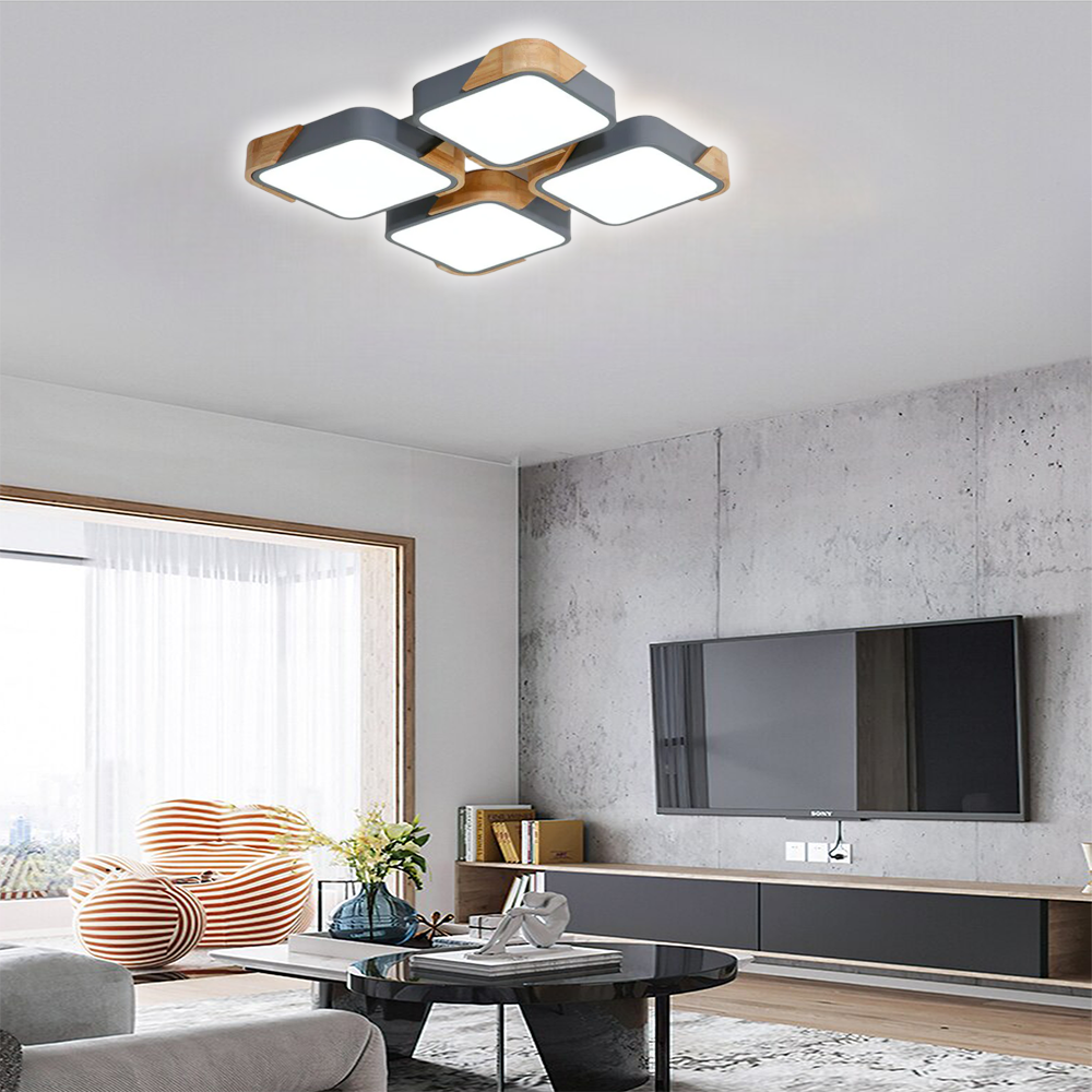 KUMANDALI LED AYDINLATMA KARE ANTRASİT AHŞAPLI LED TAVAN LAMBASI,MODERN AVİZE