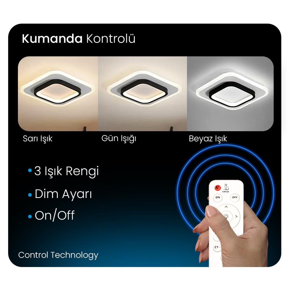 KUMANDALI LED AYDINLATMA SİYAH KARE AKRİLİKLİ 3 IŞIK RENKLİ MODERN TAVAN LAMBASI