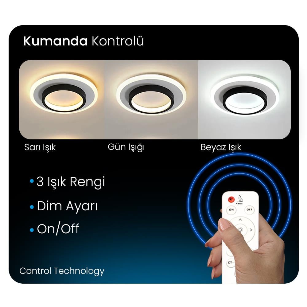 SİYAH YUVARLAK AKRİLİKLİ KARE 3 IŞIK RENKLİ KUMANDALI LED TAVAN LAMBASI MODERN AVİZE