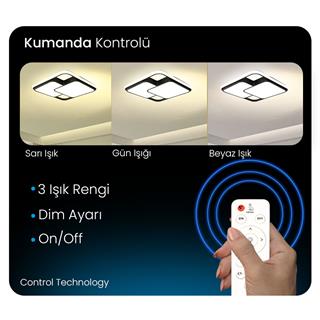 50X50CM SİYAH KARE İÇİ ÇİFT KARE LED TAVAN LAMBASI,AVİZE,MODERN AYDINLATMA,3 IŞIK RENGİ,KUMANDALI