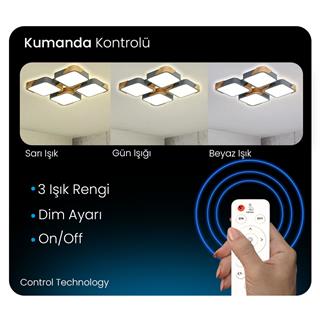 KUMANDALI LED AYDINLATMA KARE ANTRASİT AHŞAPLI LED TAVAN LAMBASI,MODERN AVİZE